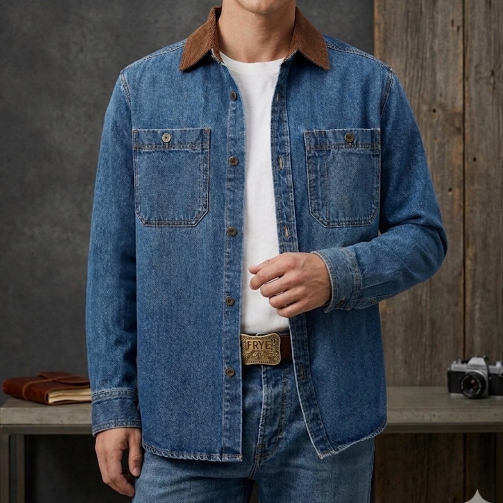 FRYE Lightweight Denim Barn Shacket, Men’s Large, Blue Brown